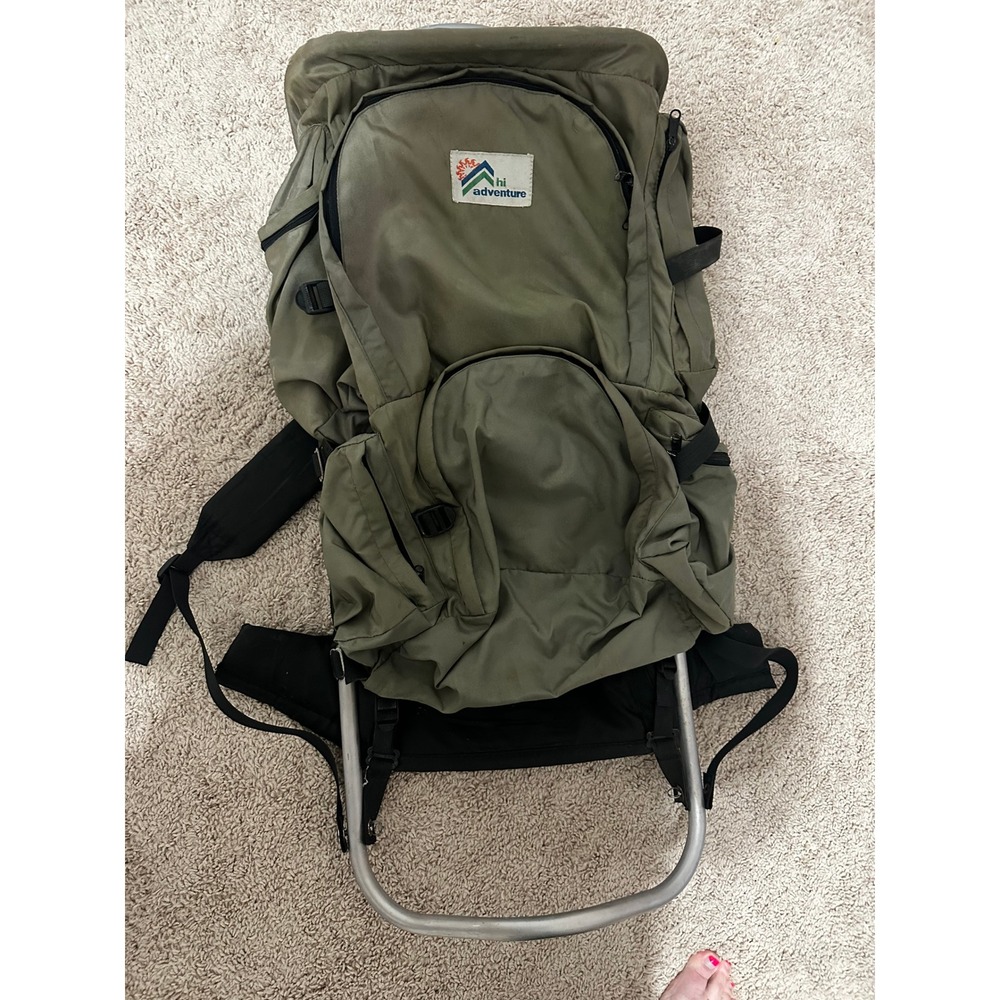 Hi Adventure External Frame Hiking Backpack Olive Green Vntge Trekking-Rucksack